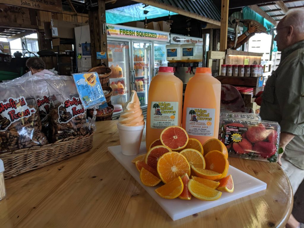 Soft serve ice cream, orange and tangerine juice, pecans, oranges and strawberries at Ridge Island Groves. Florida Citrus Makes a Great Christmas Gift