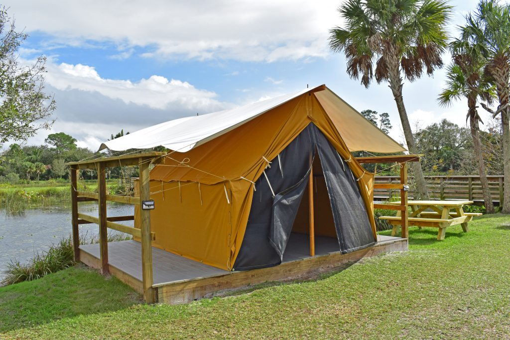 Adventure Platform Tents overlooking the water at Phipps Park Campground in Stuart, FL