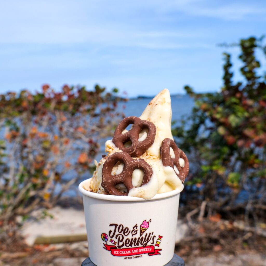 Joe & Benny's Ice Cream in Jensen Beach soft serve vanilla with chocolate dipped pretzels in a cup